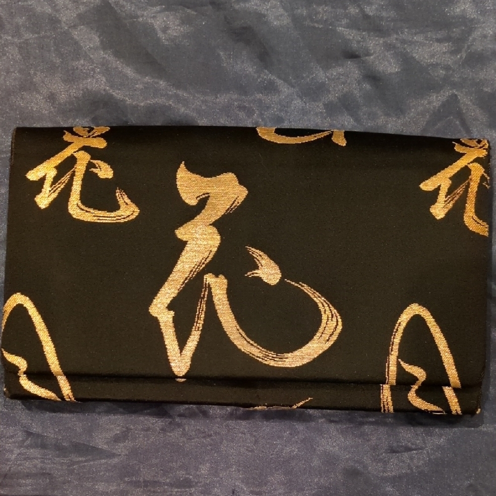 Japanese Clutch purse Black and Gold  Hand painted designs.